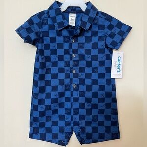 New With Tags CARTER’S BABY Navy Blue One Piece Checker Print Outfit Size : 9M